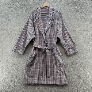 Raquel Allegra Jacket Womens L Black White Red Plaid Fringe Duster Trench Coat